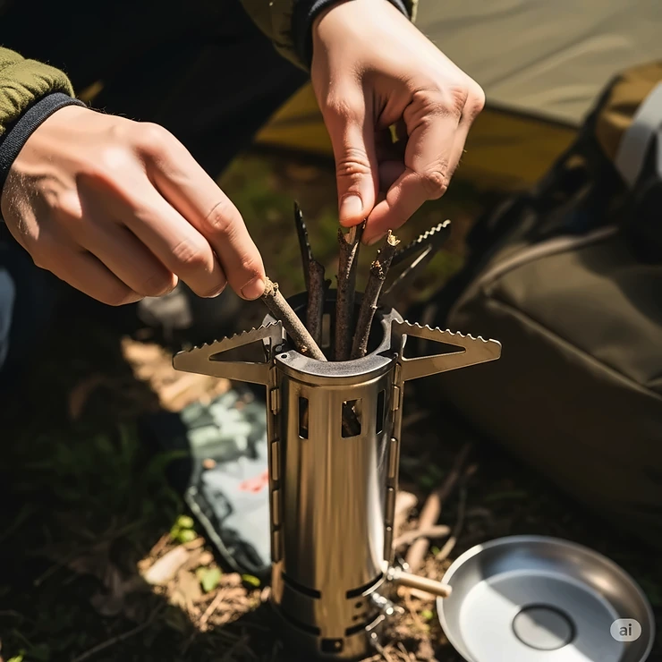 Hand inserting small sticks and twigs into the fuel feed of a portable camping rocket stove, demonstrating its use with readily available biomass.