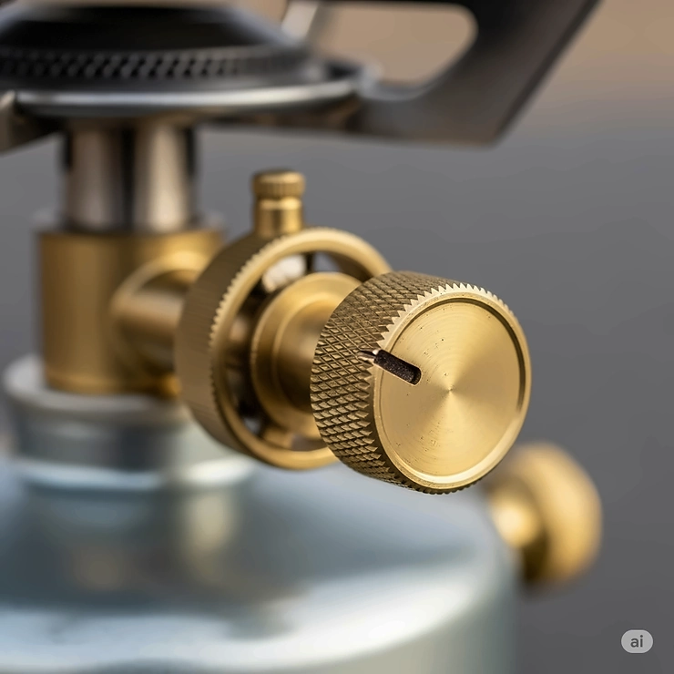 Close-up view of the flame control knob on a gasoline camp stove, showing precise adjustment for various cooking needs and fuel efficiency.