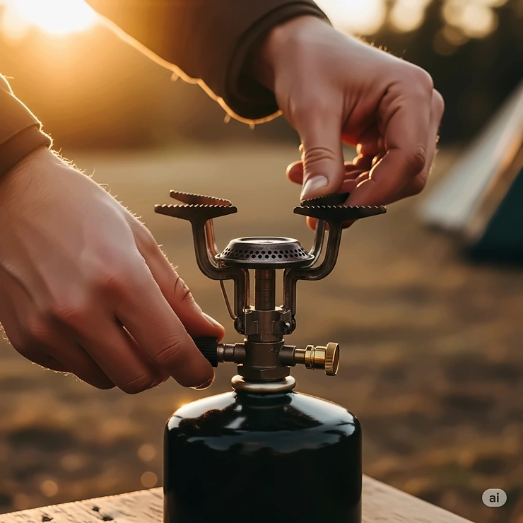 Hands carefully priming a gasoline camp stove, a crucial step for efficient operation in various outdoor conditions.