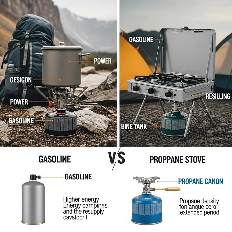 A visual comparison highlighting the distinct features of a gasoline camp stove alongside a propane model, emphasizing the advantages of gasoline for certain outdoor activities.