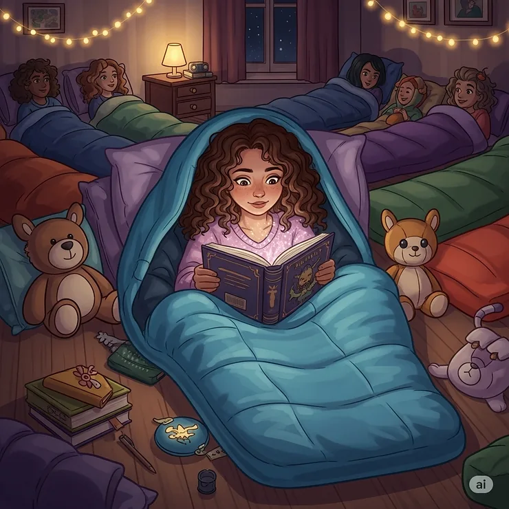 Illustration of a girl comfortably reading a book inside her sleeping bag at a slumber party.