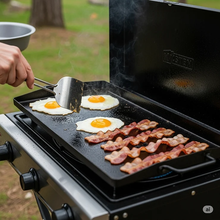 A hearty breakfast of bacon and eggs being prepared on a griddle camp stove, showing its capacity for multiple food items.
