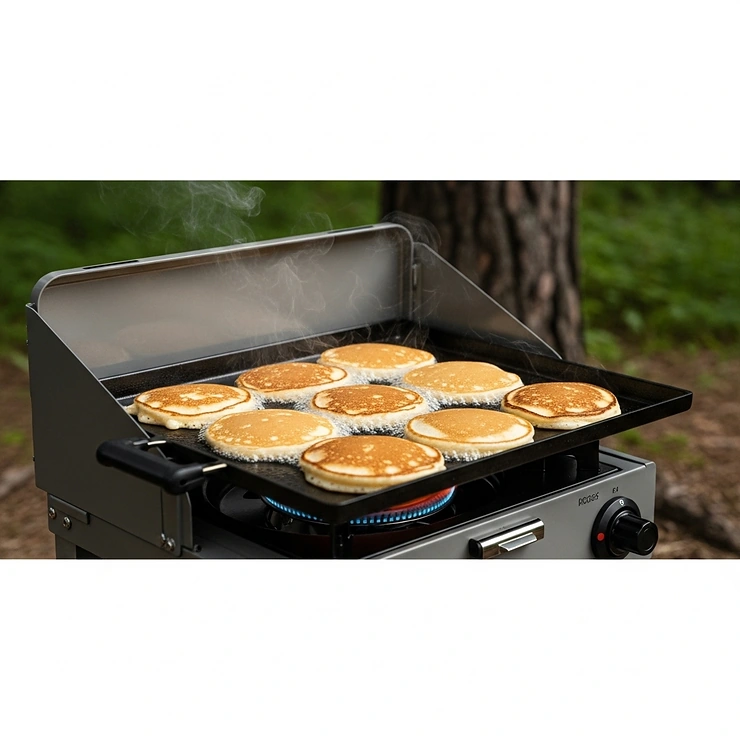 Delicious pancakes sizzling on a griddle camp stove, demonstrating its excellent heat distribution for outdoor cooking.