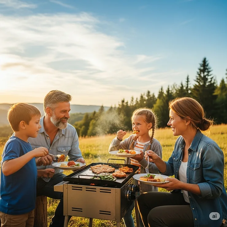 A family gathered around a griddle camp stove, enjoying a meal together in the outdoors.