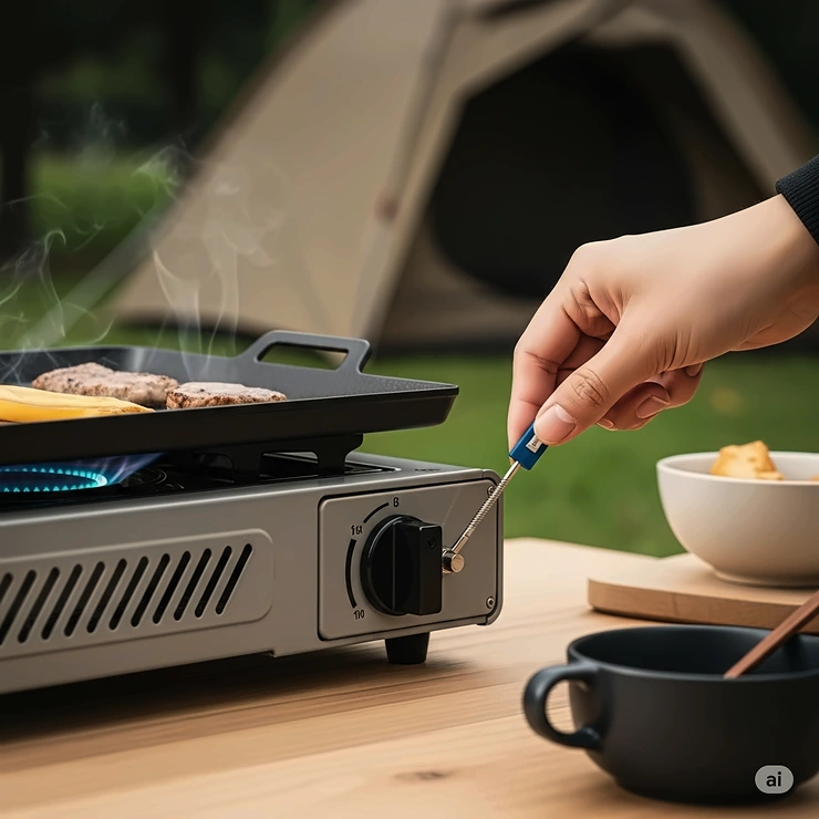 A hand operating the ignition on a griddle camp stove, emphasizing its user-friendly features.