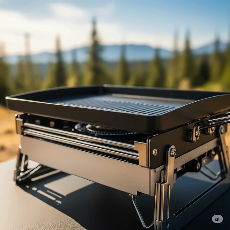 A close-up view of a portable griddle camp stove, highlighting its compact design for easy transport and outdoor adventures.