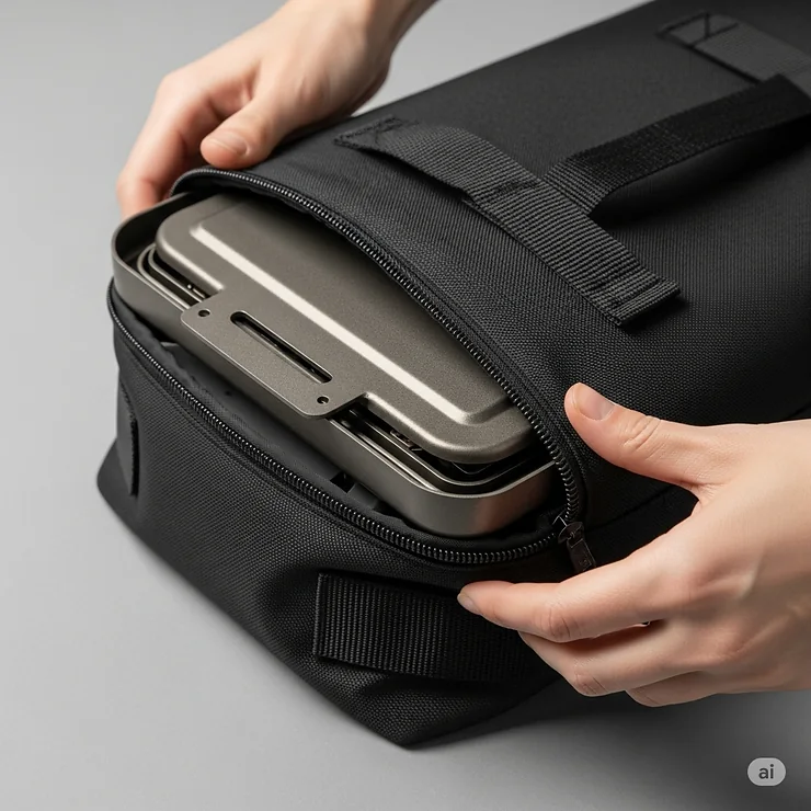 A griddle camp stove being packed away into a carry bag, illustrating its convenient storage and portability.