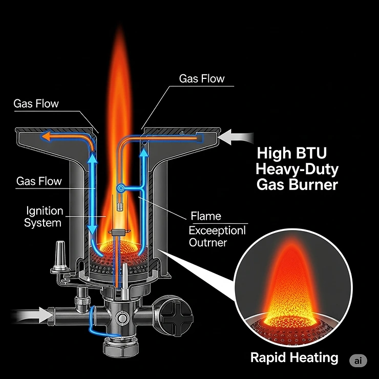 Diagram showcasing the powerful flame output of a high BTU heavy-duty outdoor gas burner, ideal for rapid heating.