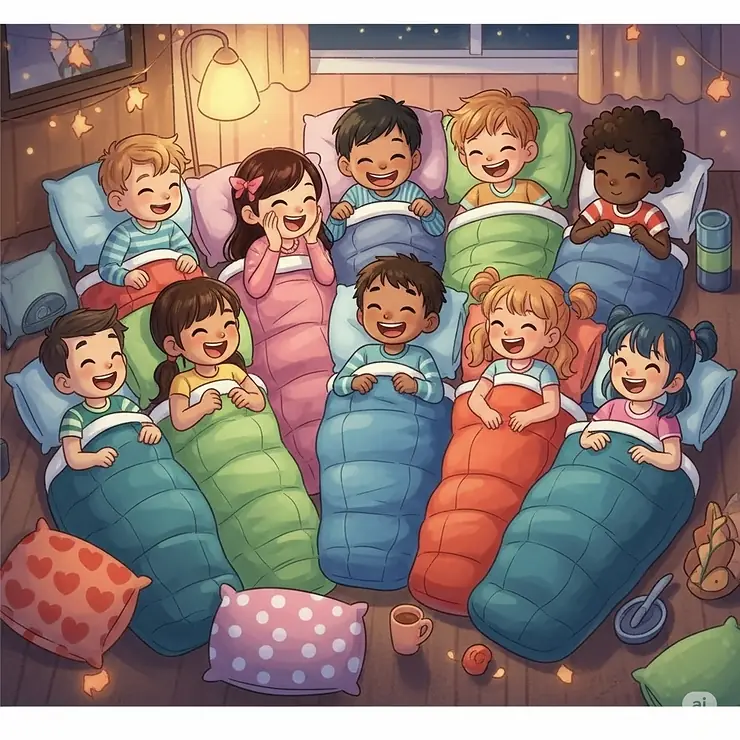 Illustration of children giggling inside comfortable sleeping bags during an indoor slumber party.