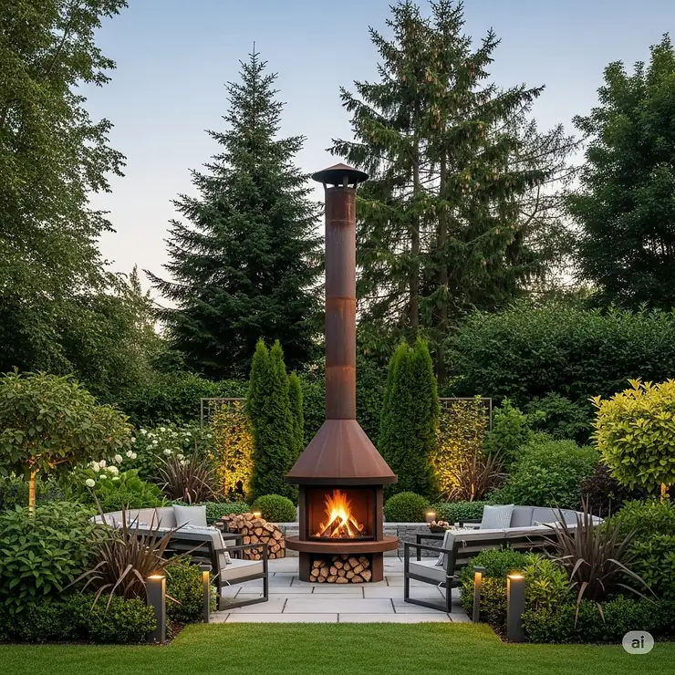 Grand outdoor log burner with a tall chimney, perfect as a focal point for a spacious garden or entertainment area.