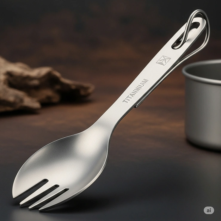 Close-up of a lightweight titanium spork, an essential and versatile piece of camping cutlery designed for backpacking adventures.