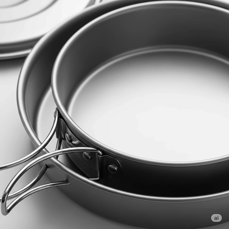 Close-up of lightweight stainless camping pot and pan, highlighting their compact and durable design for backpackers.