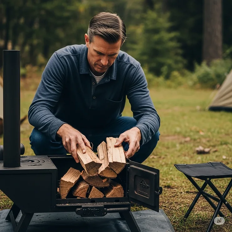 Person carefully loading firewood into a cast iron camp stove, demonstrating easy and safe fuel management.