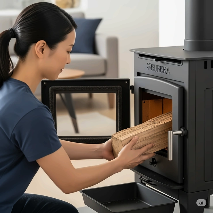 Person demonstrating how to safely load firewood into a Eureka stove, emphasizing ease of use and maintenance.