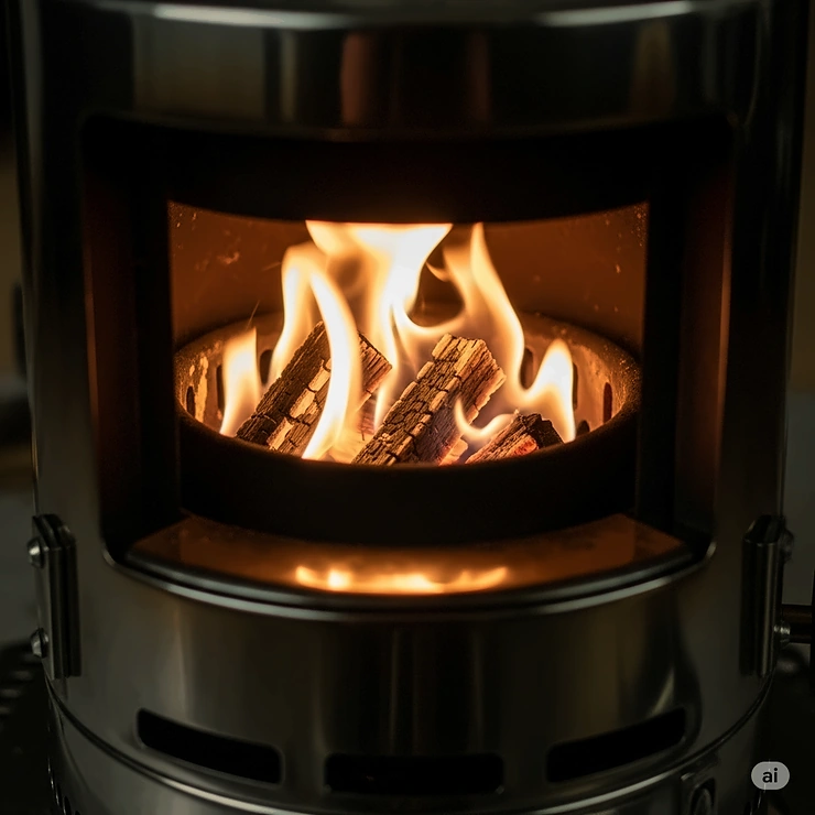 Close-up of a camping log burner stove with a clear view of the efficient flames consuming small logs inside.
