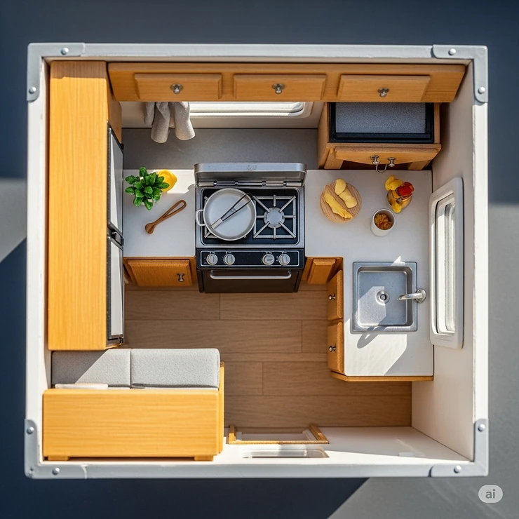 Overhead view of a miniature RV kitchen layout featuring a small RV stove as the central cooking appliance, optimizing a tiny space.