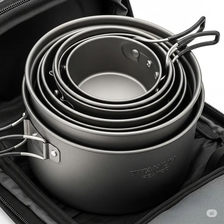 A neatly nested set of titanium pots and pans, showcasing the compact design of titanium camping cookware for easy packing.
