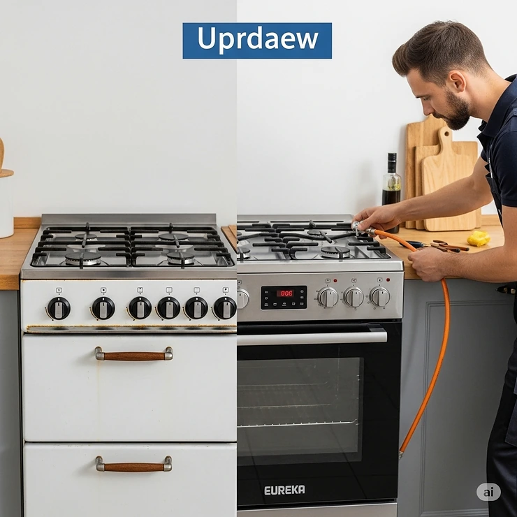 Visual comparison showing a professional installation of a new Eureka stove, upgrading from an older model for improved efficiency.