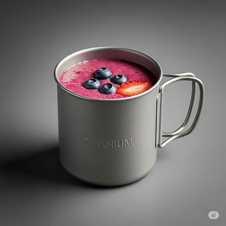 A pristine titanium mug with a healthy beverage, emphasizing the non-corrosive and food-safe properties essential for titanium camping cookware.