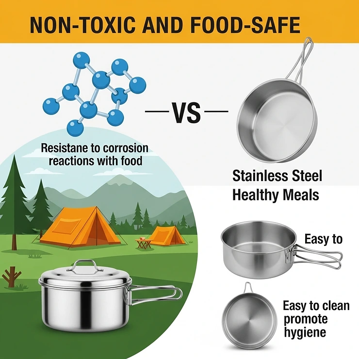 A diagram or visual representation highlighting the non-toxic and food-safe properties of stainless steel camping cookware, ensuring healthy meals.