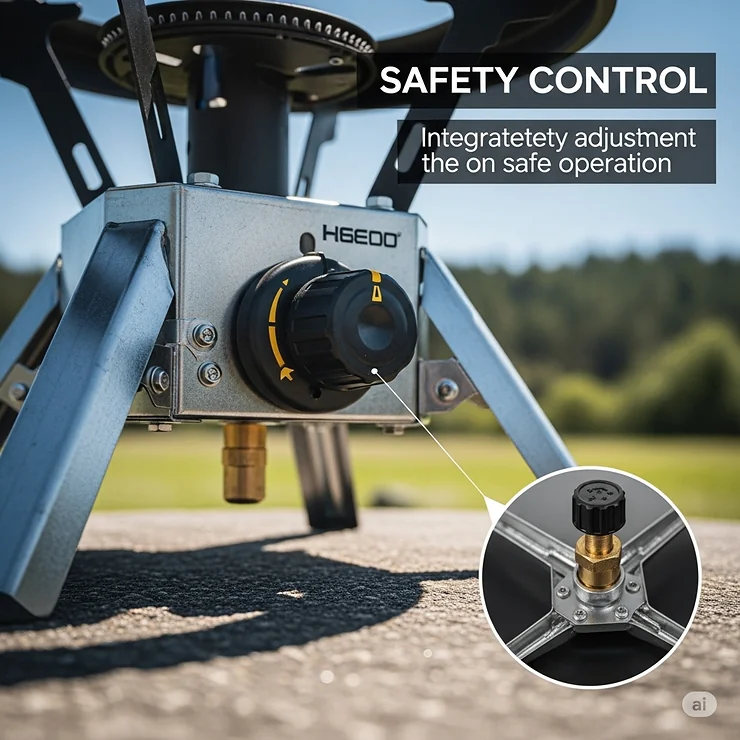 Highlighting key safety features of a heavy-duty outdoor gas burner, such as stable legs and flame control knob.