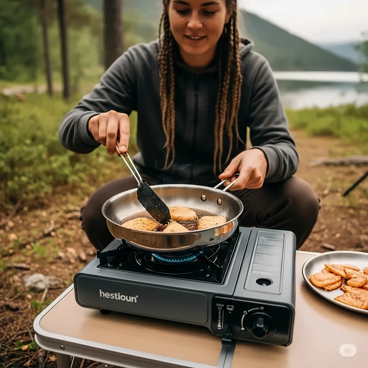 Person frying food in a stainless steel pan on a portable camping stove, highlighting the versatility of outdoor cookware.