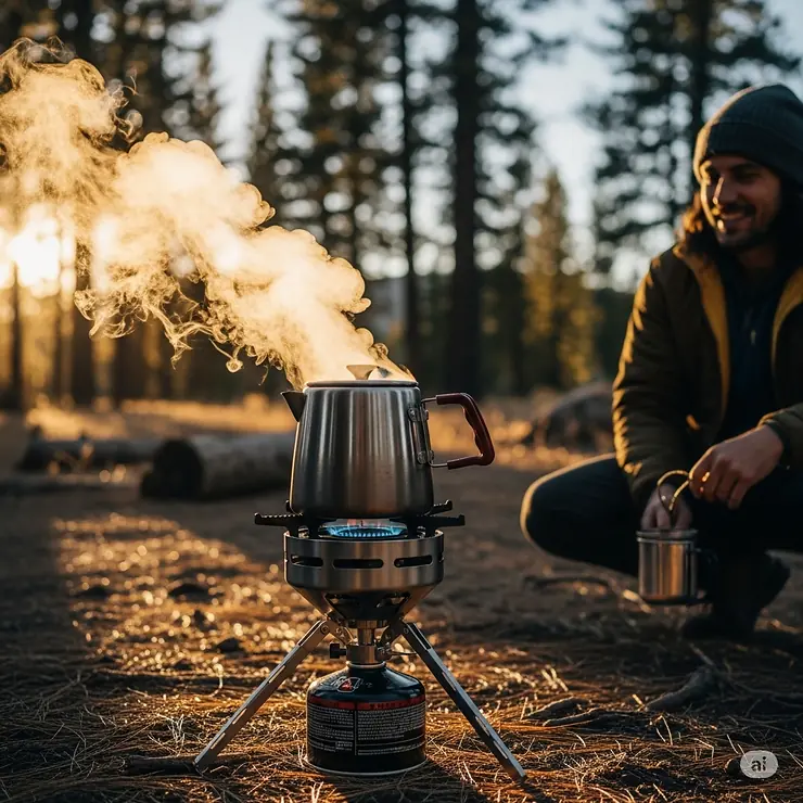 A heavy-duty outdoor gas burner set up at a campsite, boiling water for coffee, illustrating its portability and power.