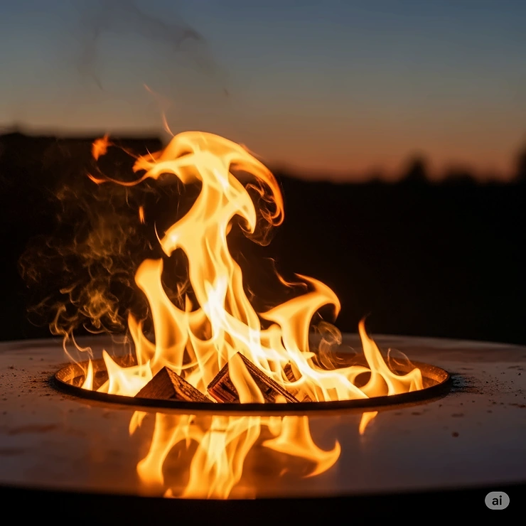 Mesmerizing close-up of vibrant flames burning in an outdoor log burner at dusk, casting a warm glow.