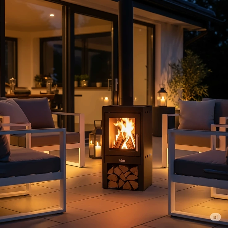 Stylish outdoor log burner creating a warm ambiance on a modern patio with comfortable seating and soft lighting.