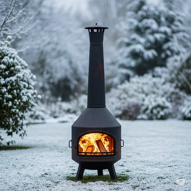 Inviting outdoor log burner surrounded by a light dusting of snow, providing warmth and comfort in a winter garden scene.