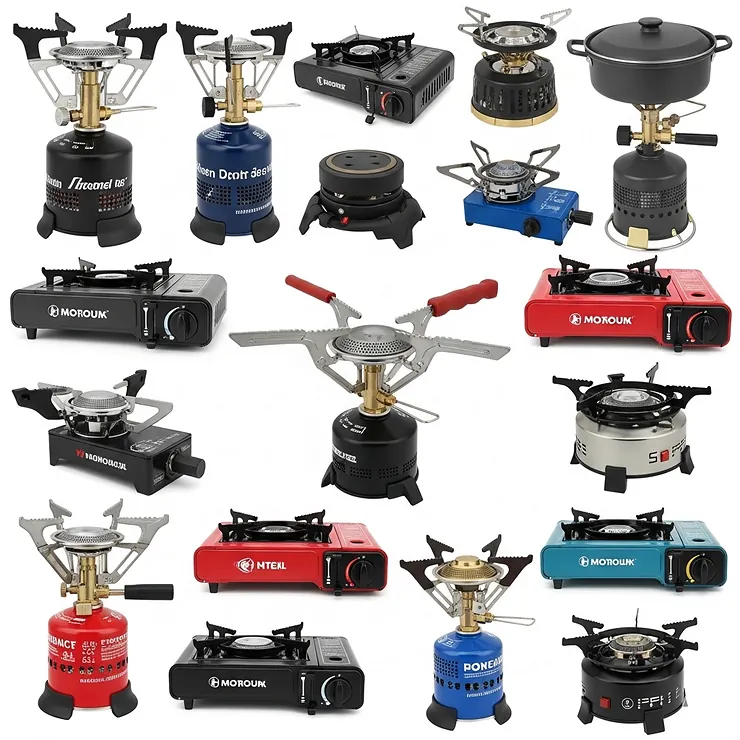 Collage of different portable butane burner models, showcasing variations in design and color.