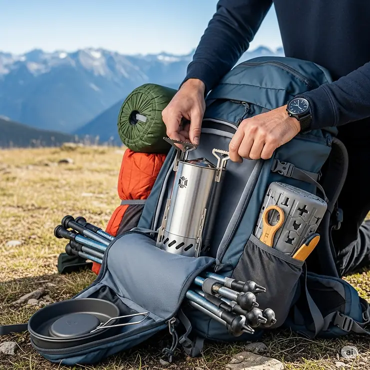 A compact camping rocket stove being packed into a hiking backpack, emphasizing its lightweight and portable design for backcountry adventures.