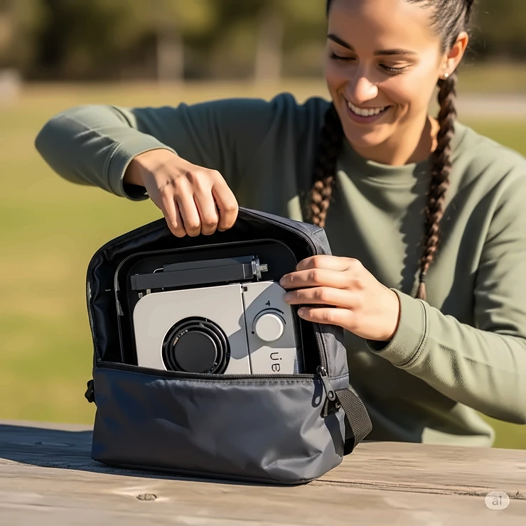 A person efficiently packing a compact, lightweight electric camper stove into a storage bag, emphasizing its portability for travel.
