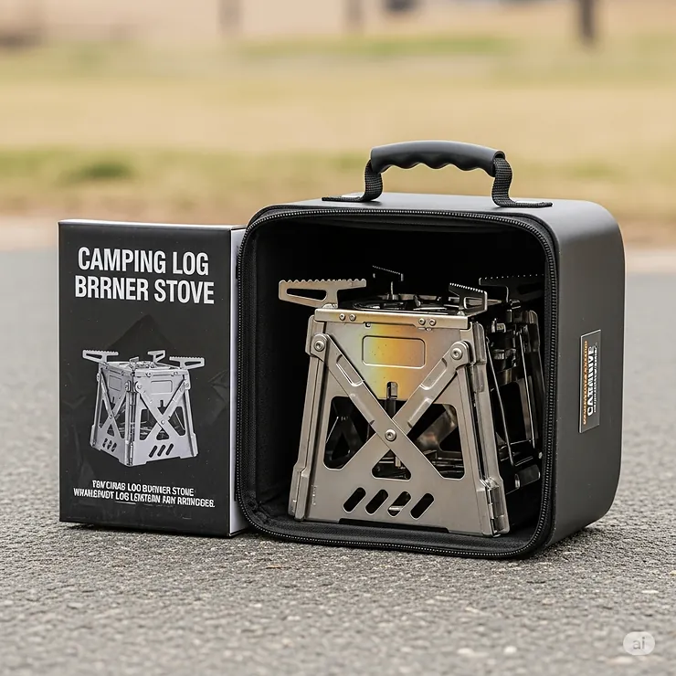 A compact camping log burner stove neatly packed and ready for transport, highlighting its portability and ease of storage.