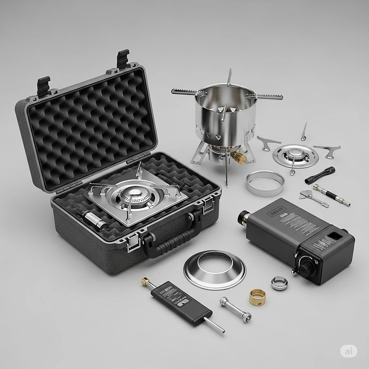 A compact, heavy-duty outdoor gas burner disassembled or in its carrying case, demonstrating easy transport and storage.