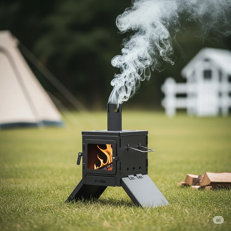 Compact and portable outdoor log burner, ideal for camping or small garden spaces, shown with smoke gently rising.