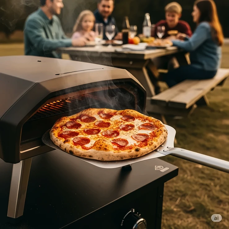 A sizzling pizza being pulled out of a portable propane oven, showcasing its baking capabilities for outdoor meals.
