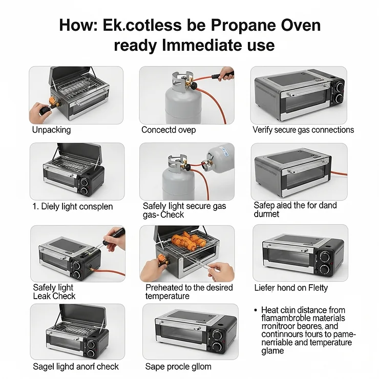 Step-by-step guide on how to easily set up a portable propane oven for immediate use at a campsite.