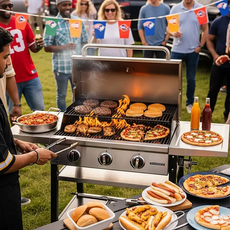 A portable propane oven in action at a lively tailgating party, cooking various dishes for a crowd.