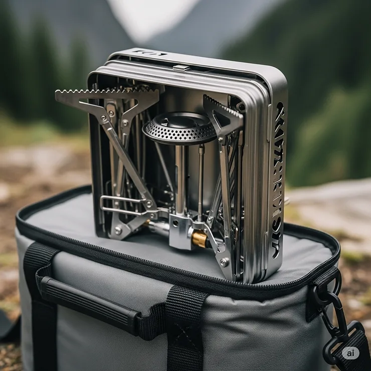 A compact three-burner camp stove neatly folded and ready for transport, emphasizing its portability and ease of packing for outdoor adventures.