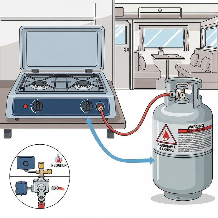 Illustration of a small RV stove connected to a compact propane tank, demonstrating common fuel source for recreational vehicles.