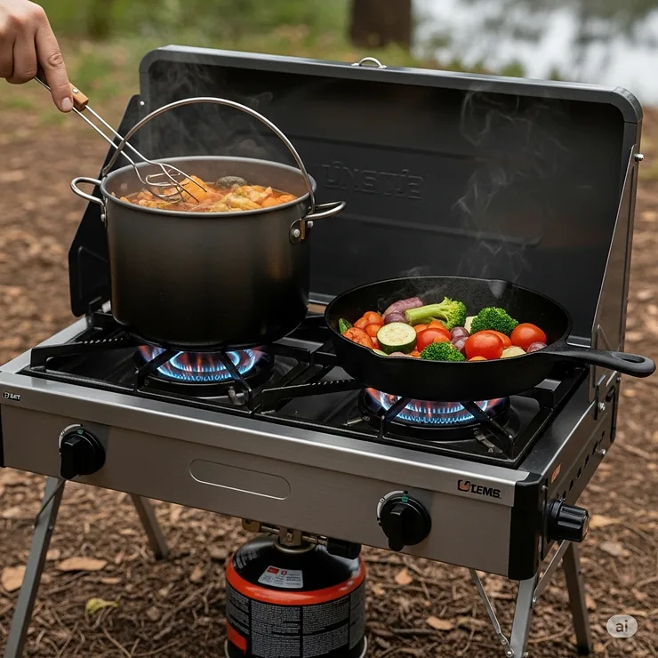 A sturdy propane stove cooking a meal outdoors, showcasing its stable flame and suitability for various cookware.