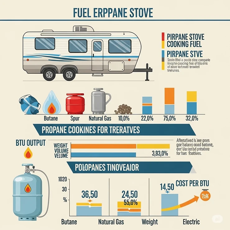 Infographic comparing the fuel efficiency of a propane stove with other common cooking fuel types for travel trailer use.