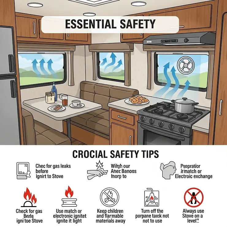Visual guide illustrating essential safety tips for operating a propane stove safely inside or near a travel trailer, emphasizing ventilation.