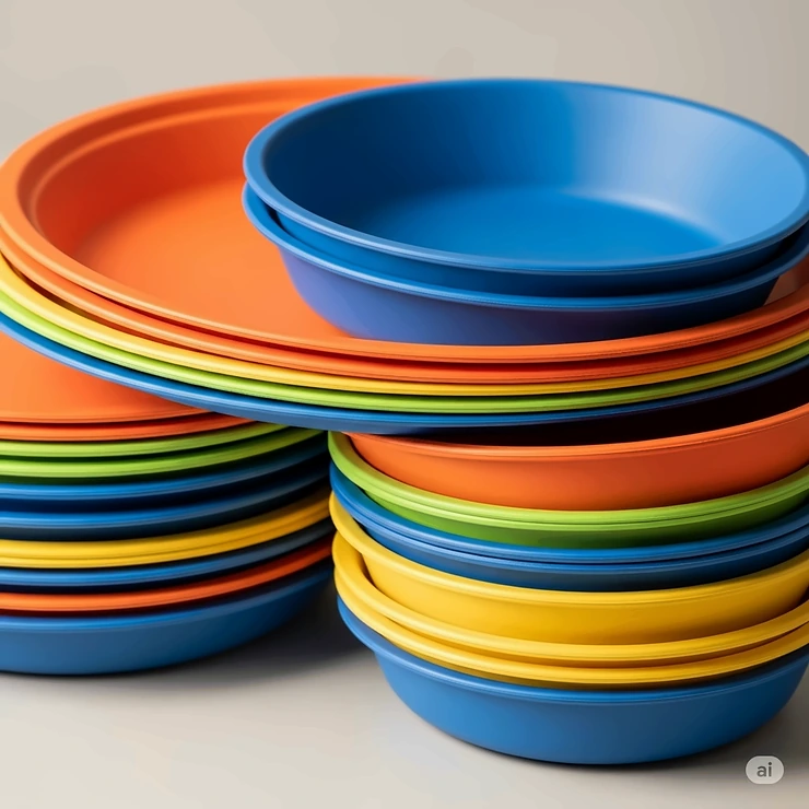 Stack of colorful, reusable camping plates and bowls made from durable, eco-friendly materials, ideal for sustainable outdoor dining.