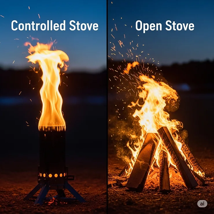 Side-by-side comparison of a controlled camping rocket stove flame next to a larger, less efficient open campfire, highlighting the rocket stoves advantages.