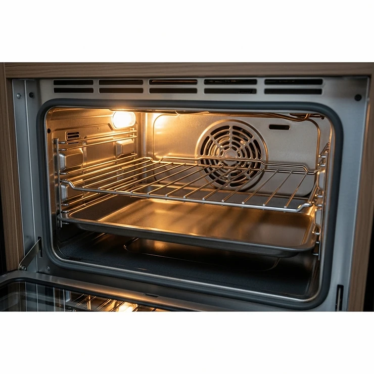 Inside view of an RV camper oven, showing the rack and internal light, ideal for baking meals while on a road trip.