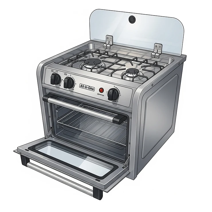 Detailed illustration of a small RV stove and oven combination unit, showcasing a compact all-in-one cooking solution for RVs.