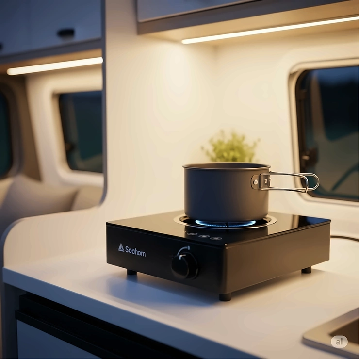 Close-up view of a compact single-burner electric camper stove, ideal for minimalist camping and small spaces.