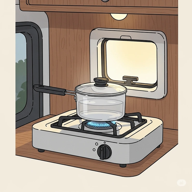 Illustration of a minimalist single-burner small RV stove, ideal for solo travelers and quick meals in a tiny camper.